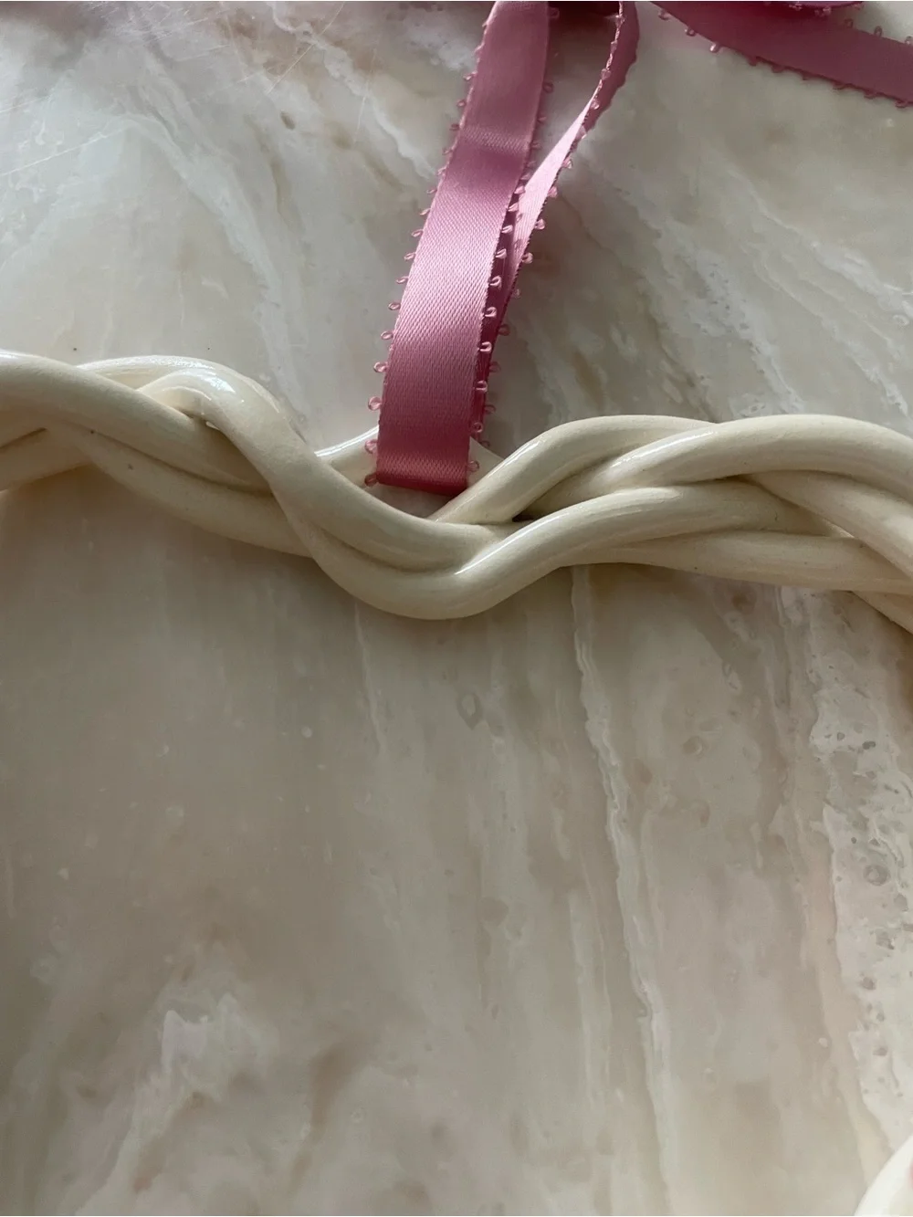 Pottery Ceramic Braided Heart Lily Pink Flowers Green Leaves Ribbon Hanging